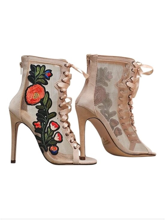 Shoes - Floral Embroidered Mesh Lace-Up Stiletto Heels With Back Zipper